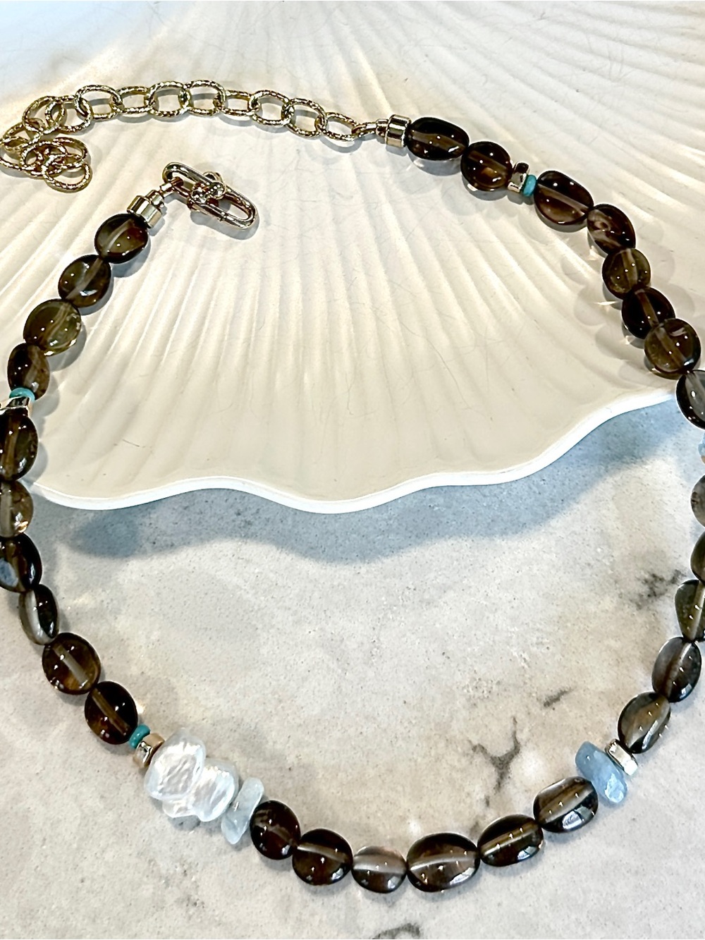 Natural Smoky Quartz Baroque Pearl Aquamarine Necklace Gold Tone Handmade